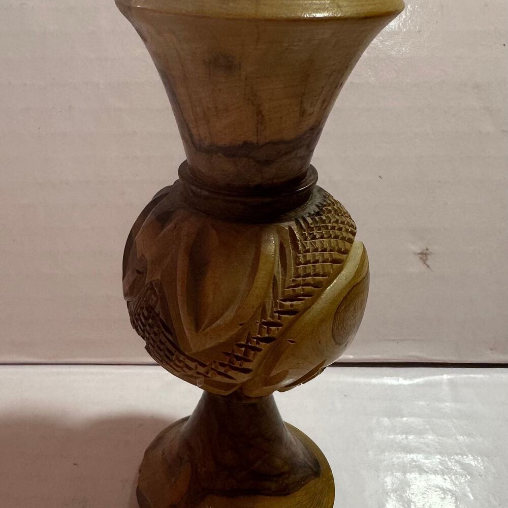 Vintage Hand Carved Olive Wood Bud Vase with Camel and Palm Tree Relief